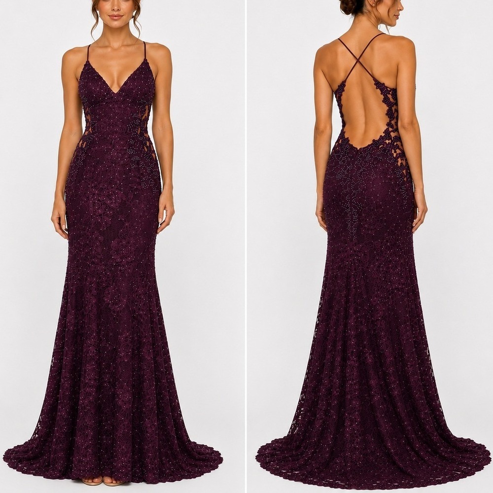 La Femme Gown 6 Dark Berry Lace Beaded Backless Mermaid Dress Formal Evening